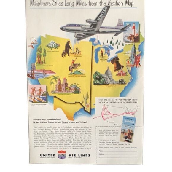 Vintage United Air Lines Vacation Map Ad Advertisement - Picture 2 of 4